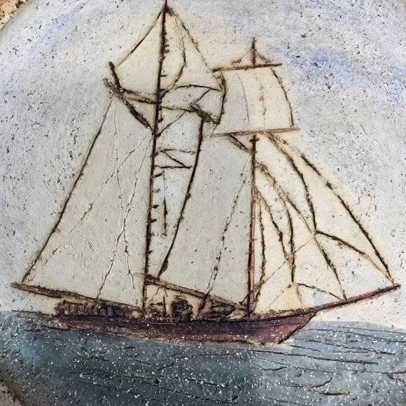 Vintage Signed Hubert Du Roscoat Pottery Art Wall Plate Cottagecore Schooner - Picture 2 of 11